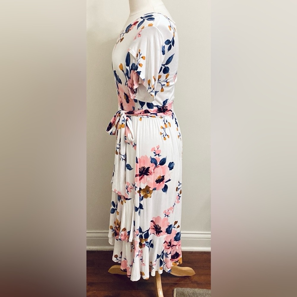 Levaca White Blue Pink Floral SZ S Romantic Boho Chic Coastal Ruffled Dress - Picture 8 of 12